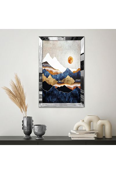 Zevahir Mobilya Dekorasyon Pictură MDF unică cu cadru din plexiglas cu oglindă argintie, vedere la munte, maro, albastru, alb, desen abstract