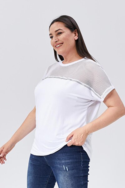 Ebsumu Λευκή Μπλούζα Plus Size - Διχτυωτή Λεπτομέρεια