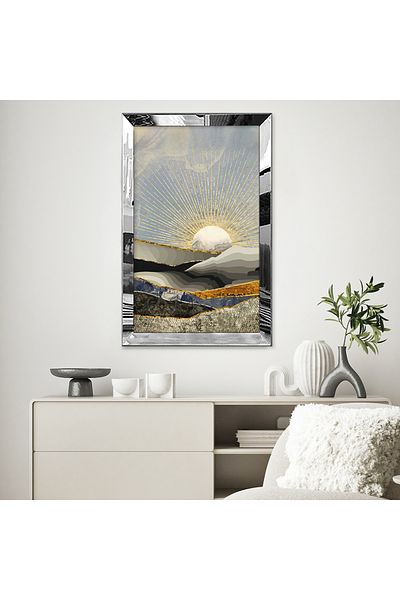 Zevahir Mobilya Dekorasyon Tablou MDF cu desen abstract, cu oglindă argintie, cadru din plexiglas, vedere la soare minimalistă, galben auriu alb