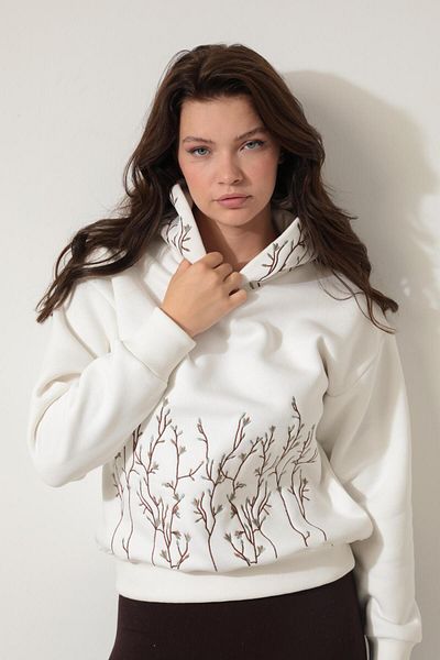 AMİDA Ecru Branch Embroidered Hooded Sweatshirt - 2429