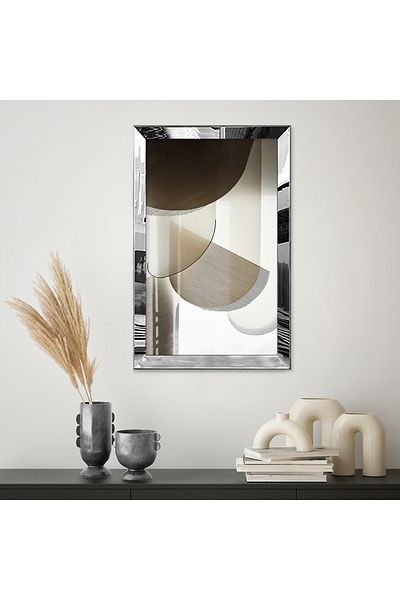 Zevahir Mobilya Dekorasyon Model neutru cu cadru din plexiglas cu oglindă argintie, gri bej, în formă geometrică, desen abstract, pictură unică MDF