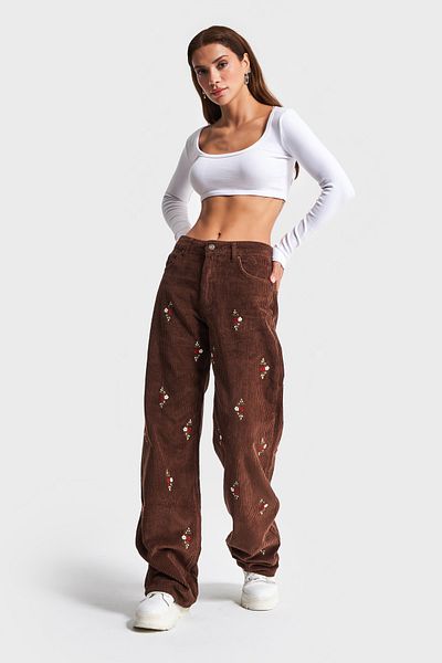 its basic Women's Tan Color 7W442 Loose Fit Embroidered Corduroy Trousers