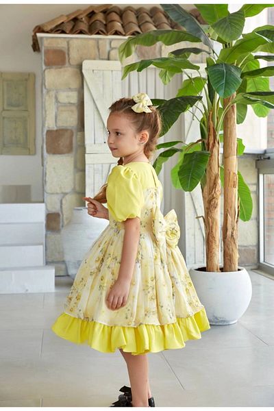 PİXİNADELUXE Yellow Flower Patterned Balloon Sleeve Girl's Evening Dress