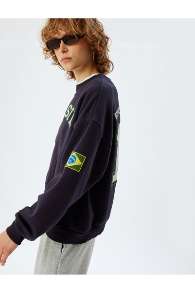 Koton Embroidered Back Sweatshirt Oversize Crew Neck Slogan Printed Embroidered
