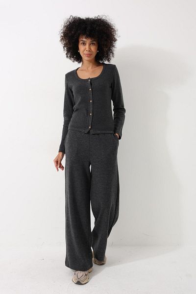 AMİDA Anthracite High Waist Thessaloniki Fabric Soft Women's Wide Leg Trousers - 2439