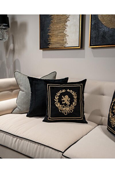 Royal Lion Symbol Embroidered Pillow Case Black - Gold