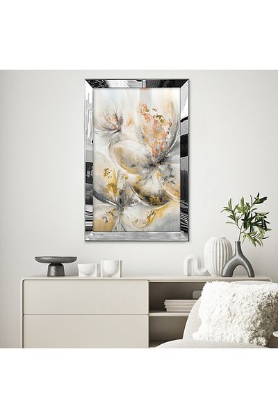 Zevahir Mobilya Dekorasyon Tablou MDF cu desen abstract floral elegant, alb, maro, gri, minimalist, cu cadru din plexiglas cu oglindă argintie
