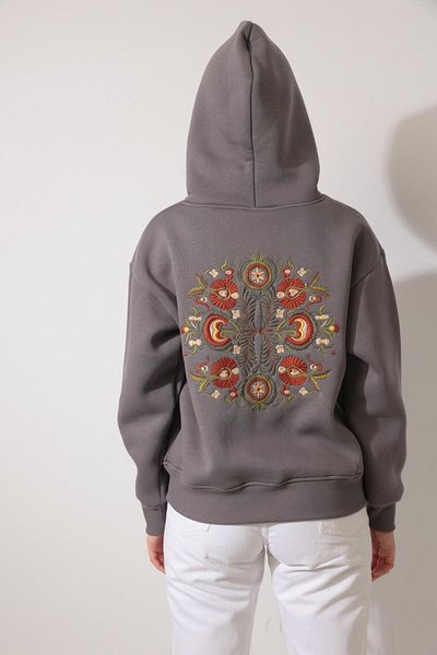AMİDA Hanorac antracit cu gât crew - broderie etnică, 2435