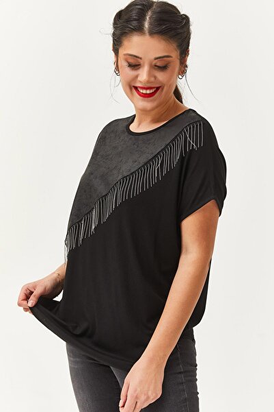 Ebsumu Γυναικεία δερμάτινη εμφάνιση και φούντα με λεπτομέρεια μαύρη μπλούζα