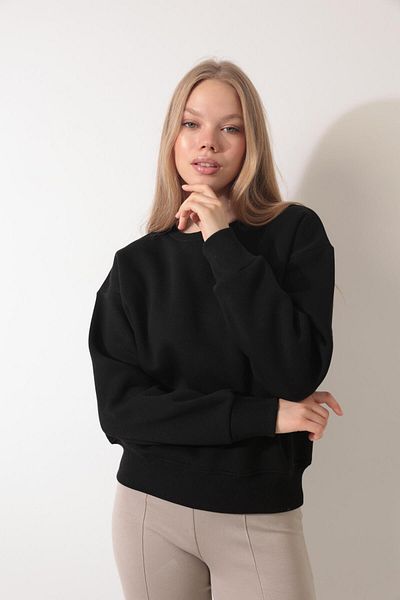 AMİDA Ethnic Flower Embroidered Black Sweatshirt - Crew Neck - 2438