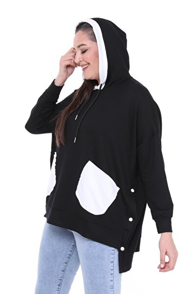 Ebsumu Women's Plus Size Extra Comfortable Fit Black Sweatshirt with White Pocket Detail