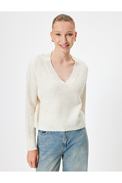 Koton V Yaka Triko Kazak Uzun Kollu Dokulu