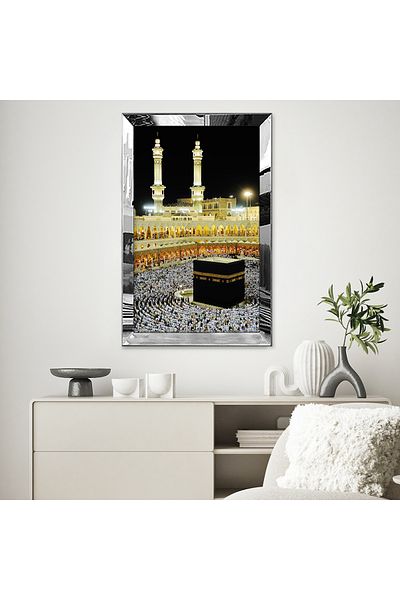 Zevahir Mobilya Dekorasyon Tablou unic din MDF cu model Kaaba galben negru cu cadru din plexiglas cu oglindă argintie