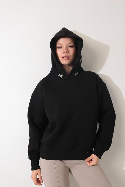 AMİDA Black Hooded Sweatshirt with Ankakuşu Embroidery - 2437