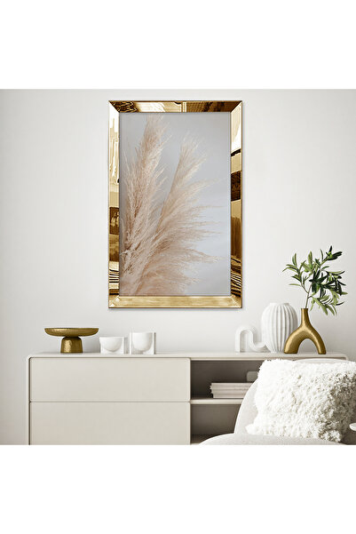 Zevahir Mobilya Dekorasyon Gold Aynalı Pleksi Çerçeveli Modern Gri Sarı Yapra...