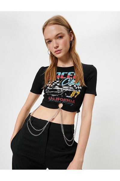Koton Crew Neck Slim Fit Crop T-Shirt - Racing Themed Print and Chain Detail