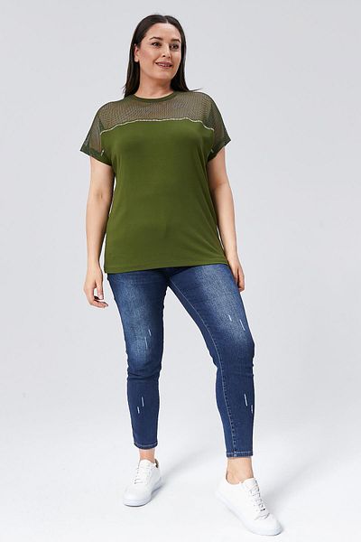 Ebsumu Μπλούζα Χακί Plus Size - Διχτυωτή Λεπτομέρεια