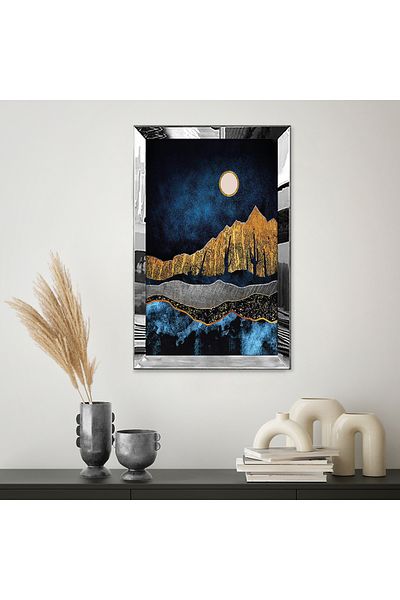 Zevahir Mobilya Dekorasyon Pictură MDF unică cu cadru din plexiglas cu oglindă argintie, vedere pe noapte, galben auriu, albastru, desen abstract