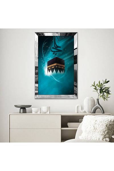 Zevahir Mobilya Dekorasyon Masa MDF simpla cu model Kaaba, albastru, alb, negru, cu rama din plexiglas cu oglinda argintie