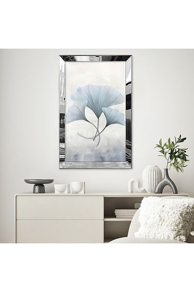 Zevahir Mobilya Dekorasyon Pictură unică MDF cu desen abstract cu frunze albe minimaliste cu cadru din plexiglas cu oglindă argintie