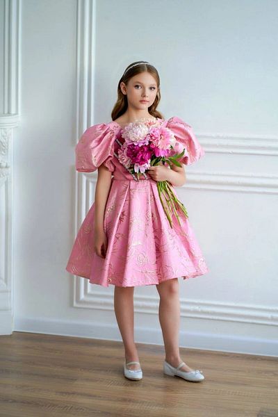 PİXİNADELUXE Pink Balloon Sleeves Girl's Evening Dress with Detailed Bag and Crown Accessories on the Front