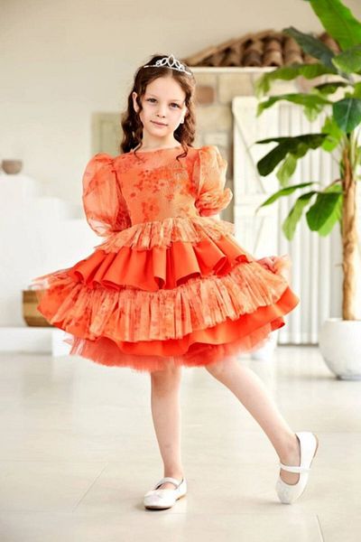 PİXİNADELUXE Orange Floral Patterned Layered Tulle Girl's Evening Dress
