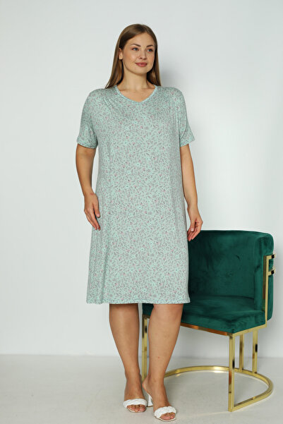 İntensive Women's Floral Print Short-Sleeved Large Size Lycra Nightgown