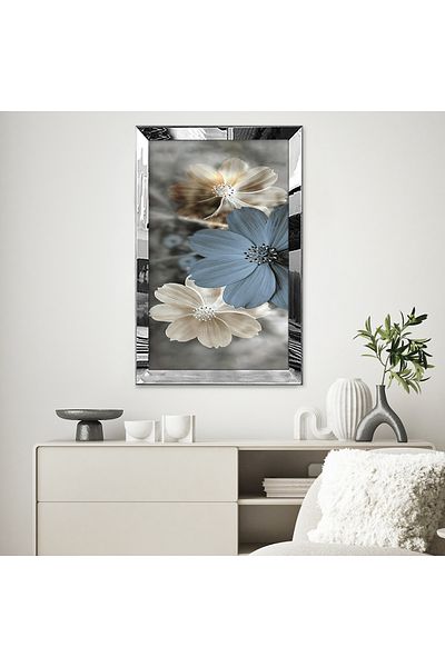 Zevahir Mobilya Dekorasyon Rama din plexiglas cu oglinda argintie, gri modern, model de flori galbene, desen abstract, pictura MDF unică