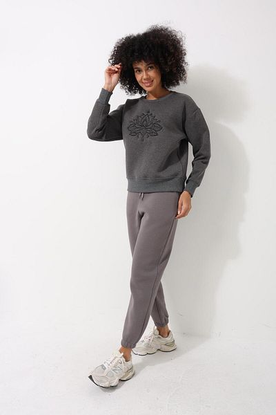 AMİDA Lotus Flower Embroidered - Crew Neck Oversize Women's Sweatshirt Anthracite - 2447