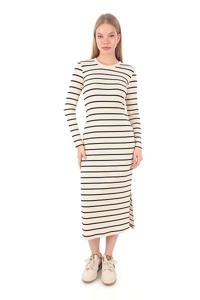 le mardi Rochie de damă, cu decolteu, cu dungi, cu fante, tricotaje lungi, crem-1