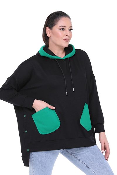 Ebsumu Women's Plus Size Extra Comfortable Fit Green Pocket Detailed Black Sweatshirt