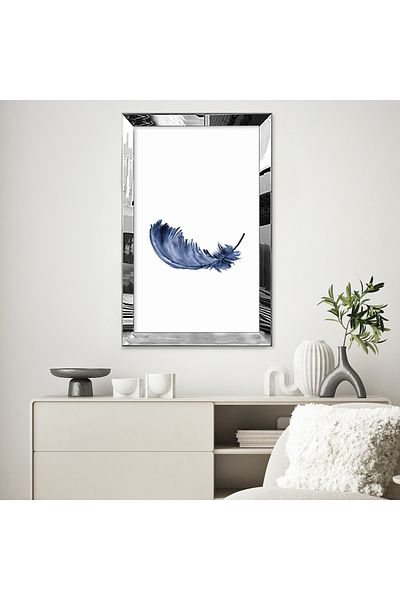 Zevahir Mobilya Dekorasyon Colaj cu cadru din plexiglas cu oglindă argintie, alb, albastru, pene de pasăre, desen abstract, pictură unică MDF