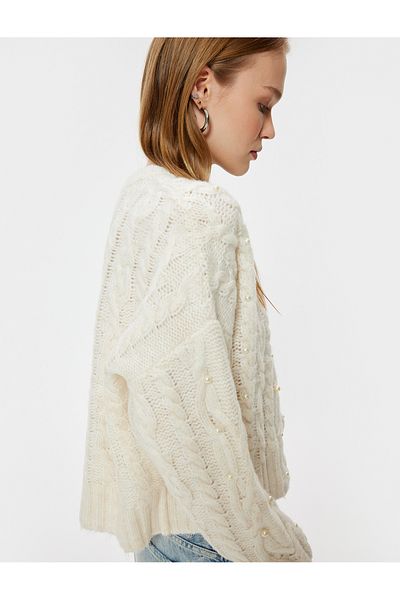 Koton Crew Neck and Pearl Detailed Hair Knit Textured Knitwear Sweater