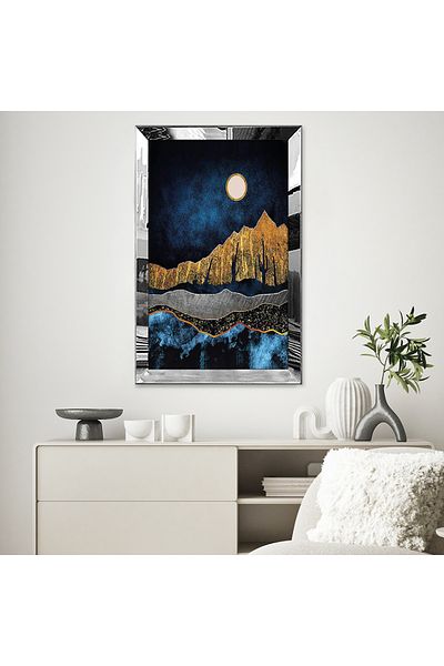 Zevahir Mobilya Dekorasyon Pictură MDF unică cu cadru din plexiglas cu oglindă argintie, vedere pe noapte, galben auriu, albastru, desen abstract