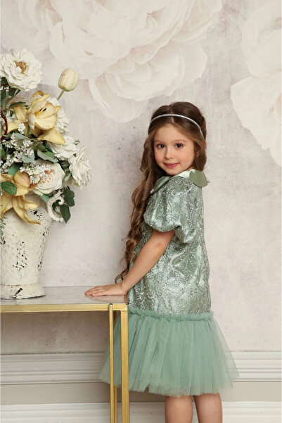 PİXİNADELUXE Yaka Taşlı Düğme Detaylı Payetli Güpürlü Çocuk Elbise