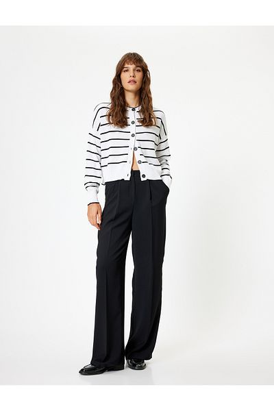 Koton Long Sleeve Cotton Blended Crew Neck Buttoned Striped Cardigan