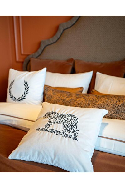 ref crea Ecru-Black Tiger Embroidered Throw Pillow Cover