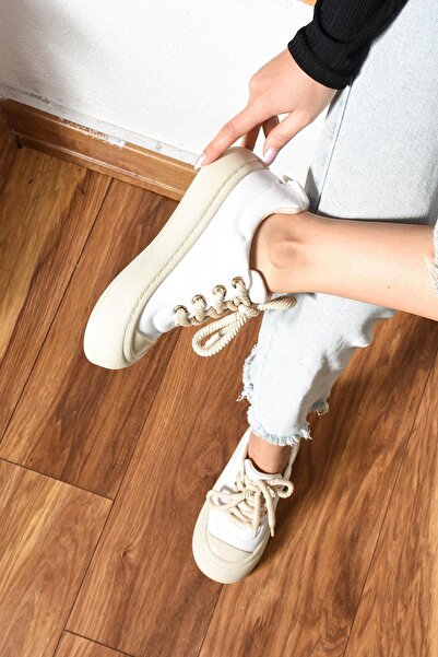 ShoeTek Alyona Γυναικεία Αθλητικά Παπούτσια Σχοινί Lace Up Αθλητικά Παπούτσια Λευκό Δερμάτινο