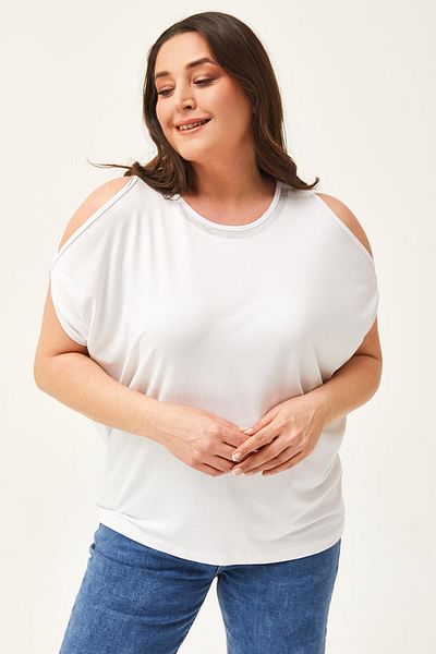 Ebsumu Women's Large Size Collar Stone Detailed Shoulder Low-cut White Blouse