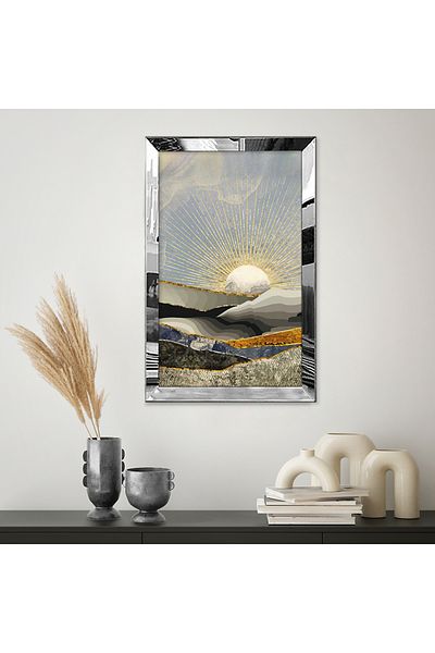 Zevahir Mobilya Dekorasyon Tablou MDF cu desen abstract, cu oglindă argintie, cadru din plexiglas, vedere la soare minimalistă, galben auriu alb