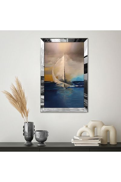 Zevahir Mobilya Dekorasyon Pictură MDF unică cu desen abstract, albastru, galben, bej, cu cadru din plexiglas cu oglindă argintie