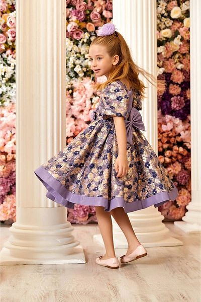 PİXİNADELUXE Purple Front Flower Detailed Jacquard Fabric Girl's Evening Dress with Bag Accessories