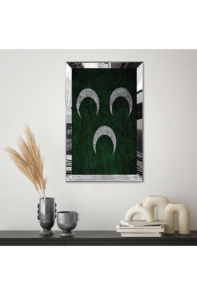 Zevahir Mobilya Dekorasyon Pictură MDF unică cu desen abstract de lună crescentă verde alb cu cadru din plexiglas cu oglindă argintie