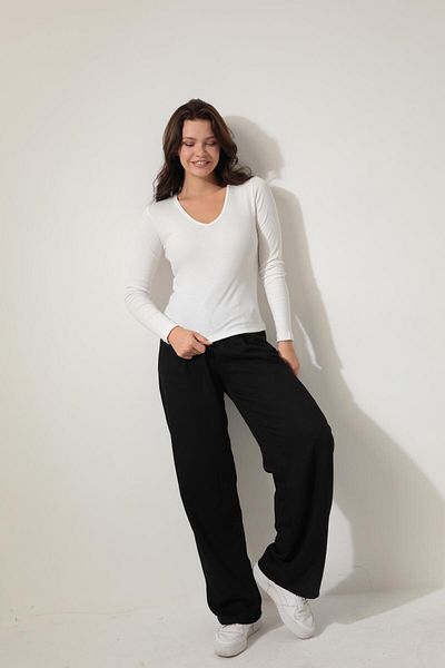 AMİDA V-neck White Corduroy Women's Blouse - Long Sleeve 2427