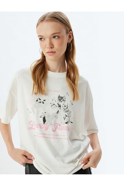 Koton Cat Printed Oversize T-Shirt - Crew Neck, Short Sleeve