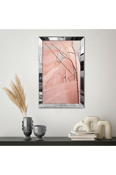 Zevahir Mobilya Dekorasyon Pictură unică MDF cu cadru din plexiglas cu oglindă argintie, minimalistă, roz, model natural, desen abstract