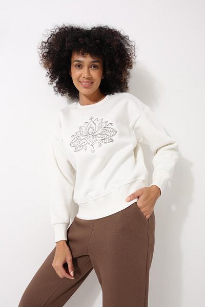 AMİDA Lotus Flower Embroidered Ecru Oversize Women's Sweatshirt - Crew Neck - 2447