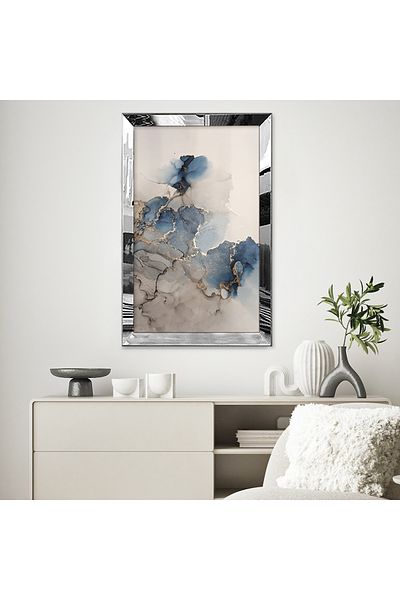 Zevahir Mobilya Dekorasyon Pictură MDF cu desen abstract cu model de flori din marmură albastru maro modern cu cadru din plexiglas cu oglindă argintie