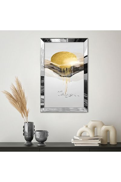 Zevahir Mobilya Dekorasyon Tablou MDF cu desen abstract alb bej galben auriu cu cadru din plexiglas cu oglindă argintie