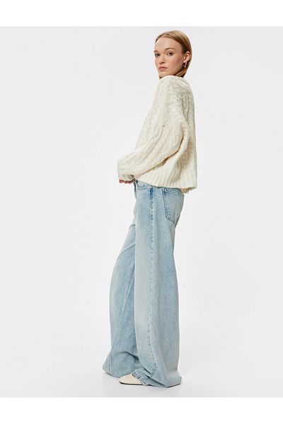 Koton Crew Neck and Pearl Detailed Hair Knit Textured Knitwear Sweater